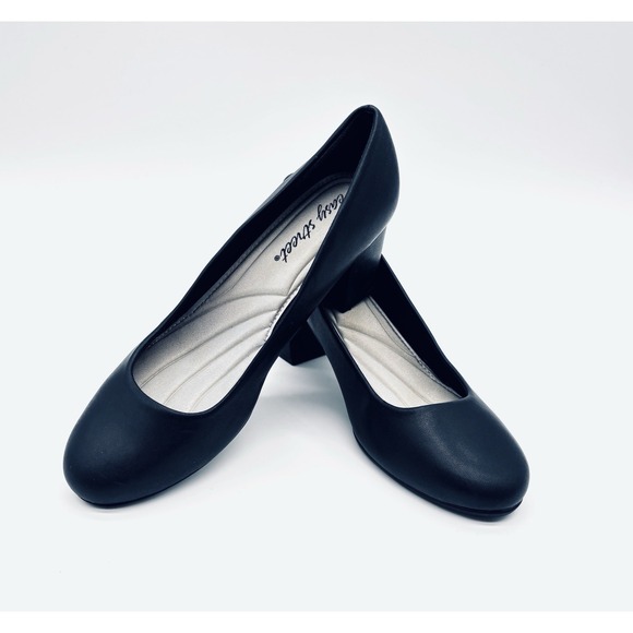 easy street Shoes - Easy Street Women's Black Round Toe Slip On Block Heel Proper Pumps Size 7.5 M